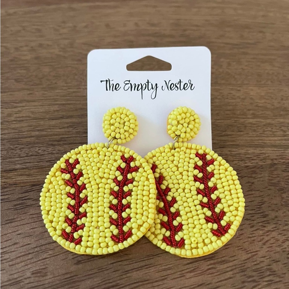 Yellow and Red Beaded Baseball Earrings